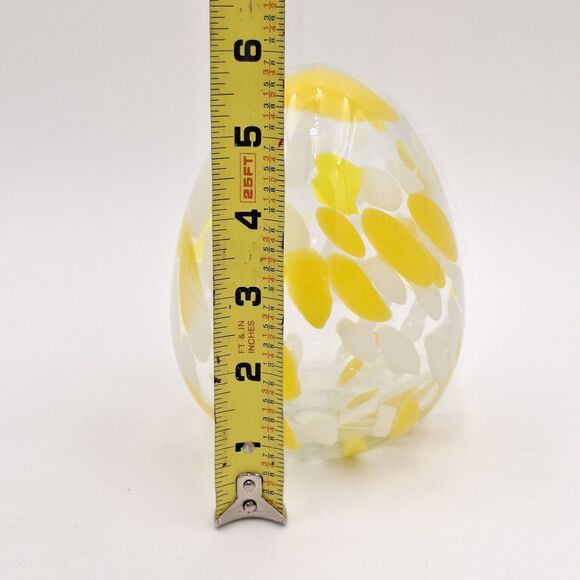 6" Hand Blown Art Glass Hollow Egg Yellow Spotted Pattern Decor Paper Weight - Picture 8 of 8